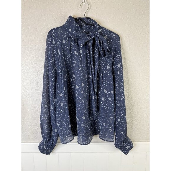 Anthropology Top Sz XL Blue Organza Tie Neck Space Blouse Sheer Astrology Career - Picture 3 of 10